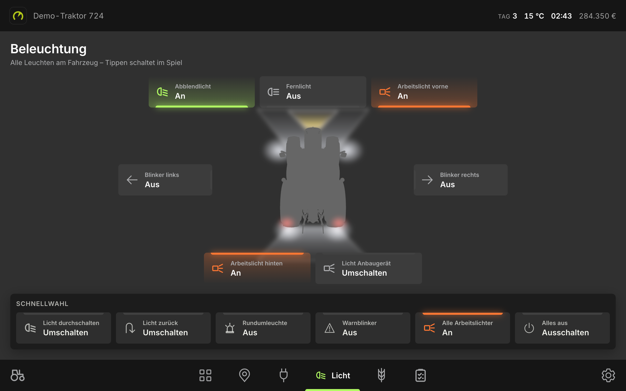 Licht-Ansicht mit Traktor von oben und eingeschaltetem Abblend- und Arbeitslicht