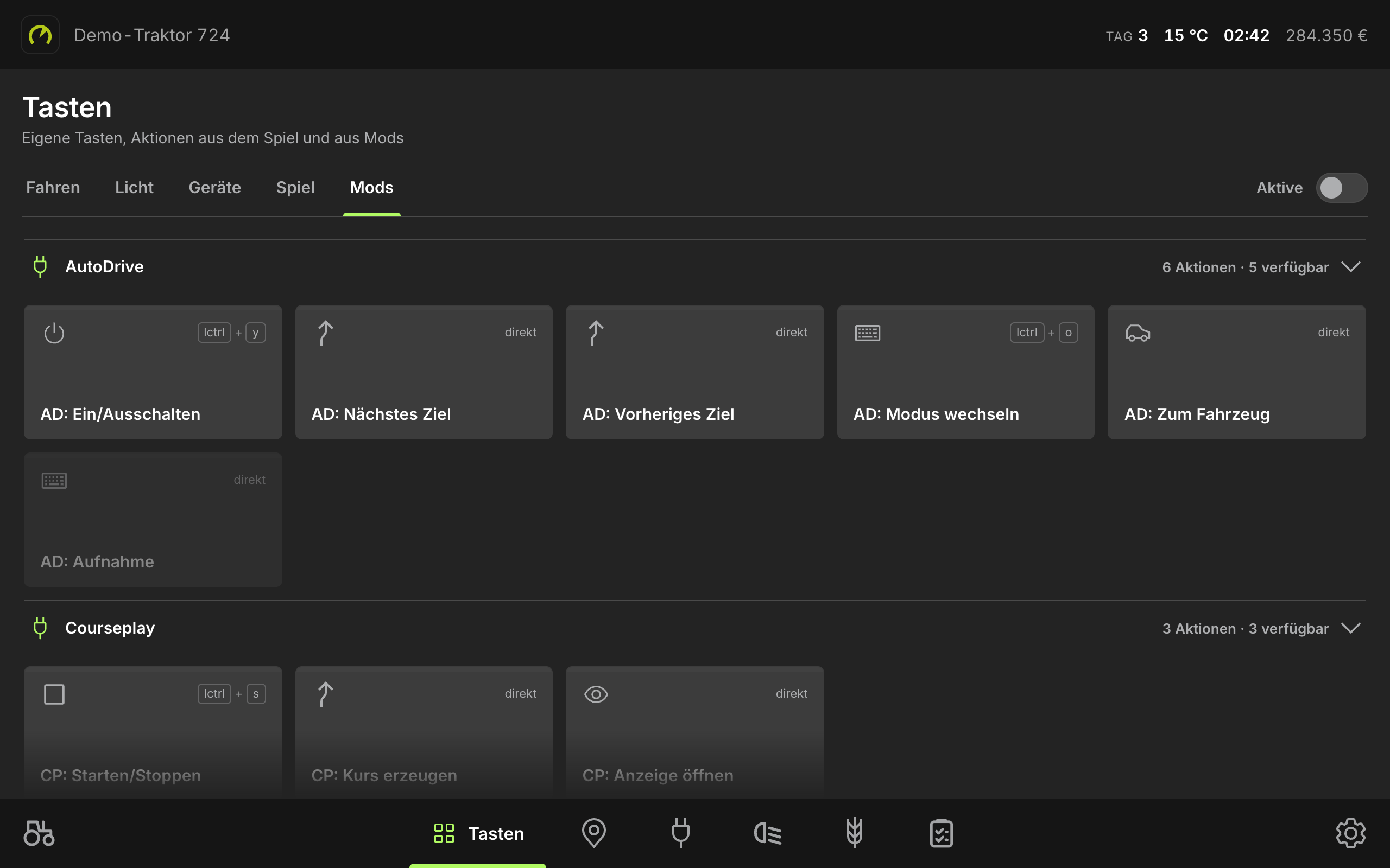 Tasten-Seite „Mods“ mit den Aktionen von AutoDrive und Courseplay